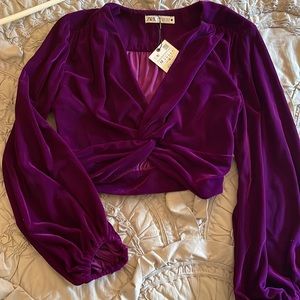 Zara purple velvet long-sleeved crop top NWT